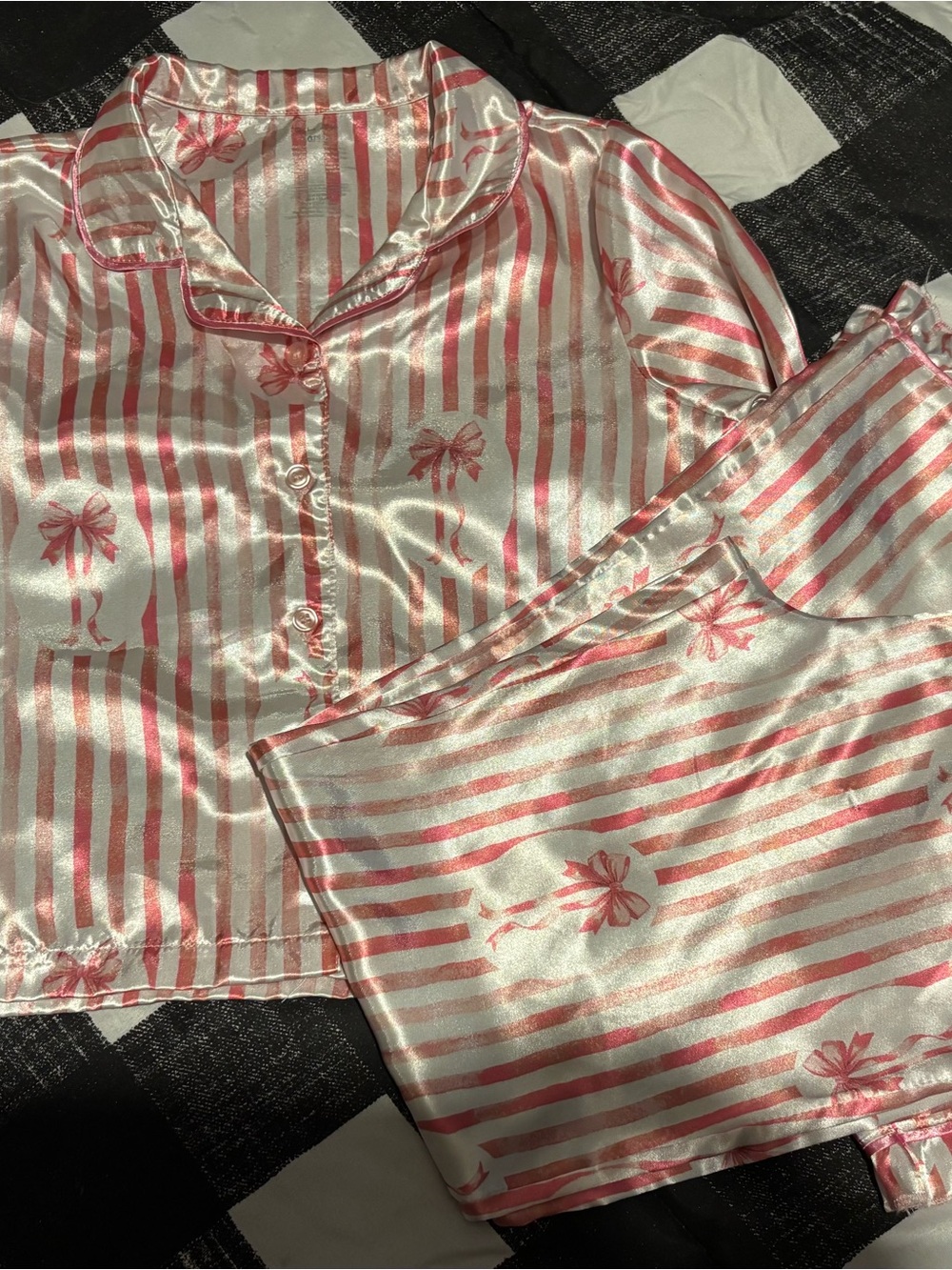 Satin Pink & White Striped Pajama Set with Bow Motif
